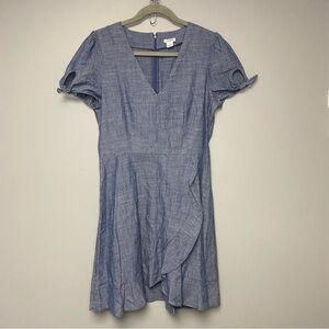 J. Crew Denim Faux Wrap Prairie Dress Ruffle Hem w/ Tie Sleeves